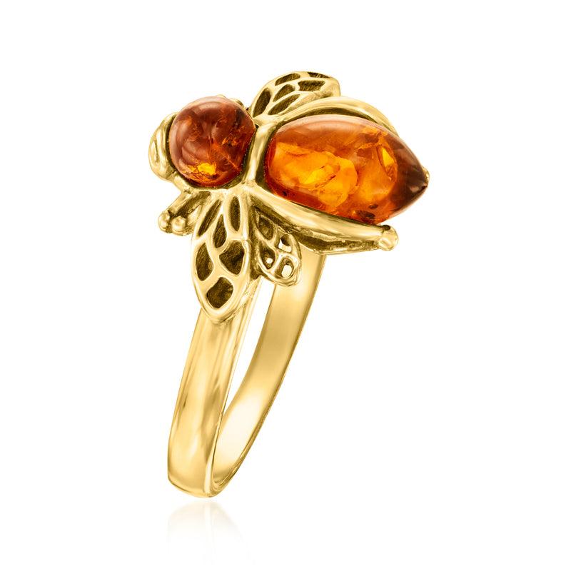 Gold-toned amber bee ring with oval and round honey stones and openwork wing design