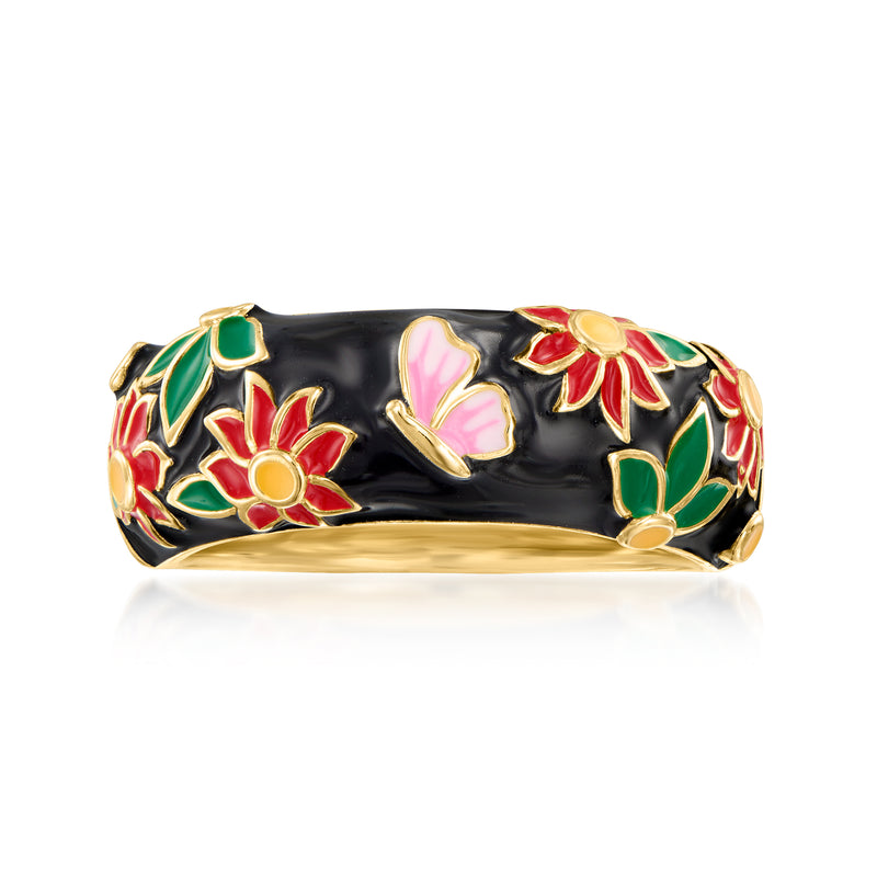 Wide floral enamel ring with red, green and pink accents on gold-tone black base