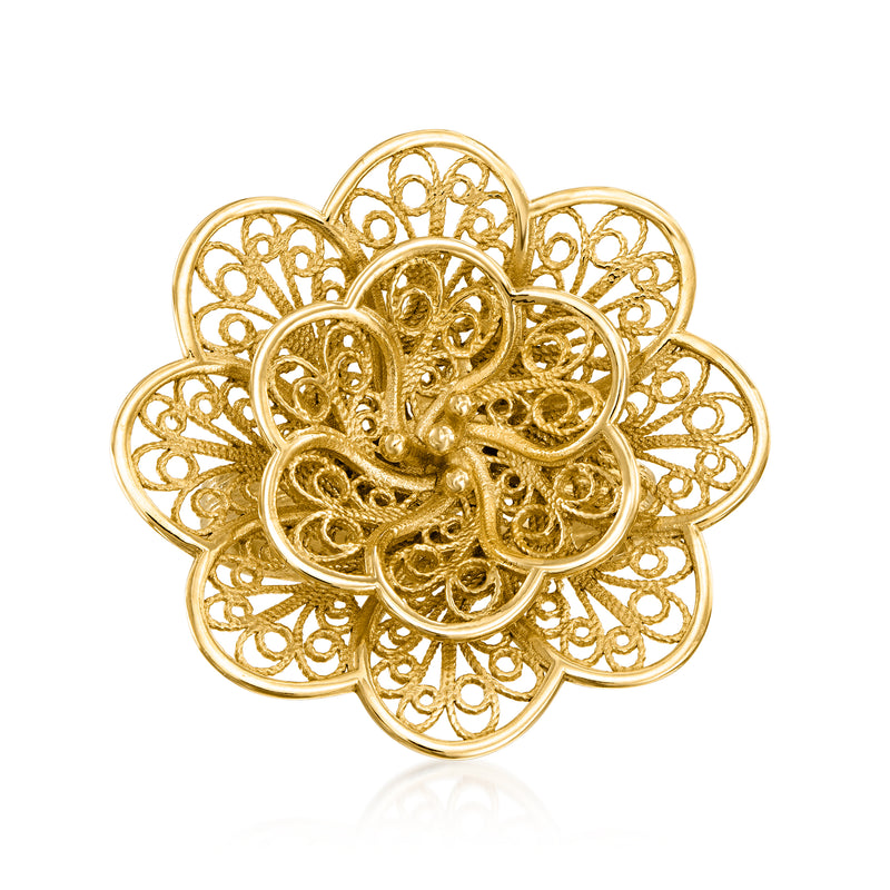 18kt gold over sterling floral filigree ring with ornate flower centerpiece