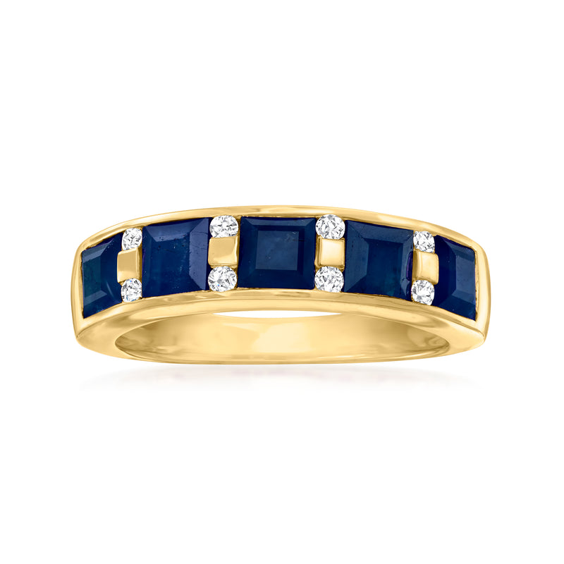 14kt yellow gold ring with five square blue sapphires and small white diamond accents