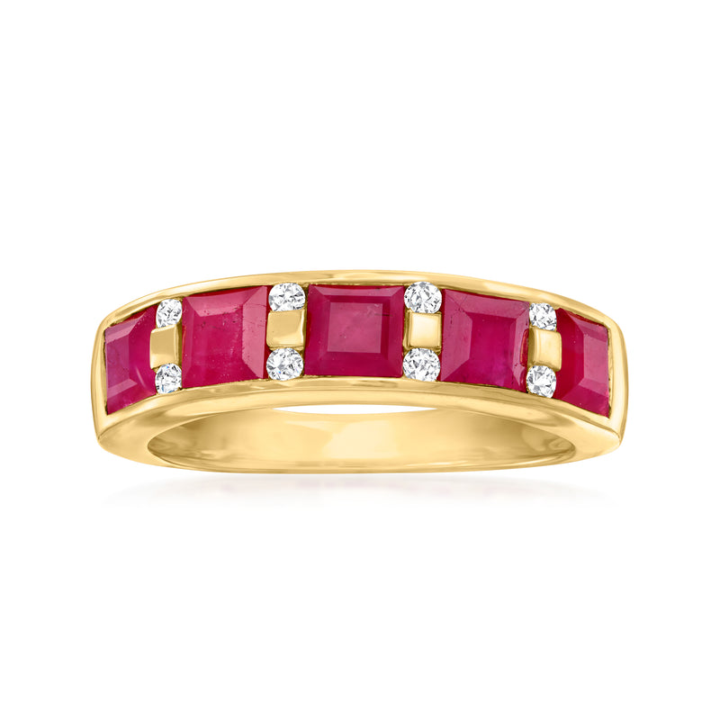 14kt yellow gold ring with three square ruby stones and small round diamond accents