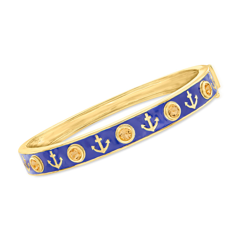 Gold bangle bracelet with blue enamel bar and anchor motif, round citrine accents