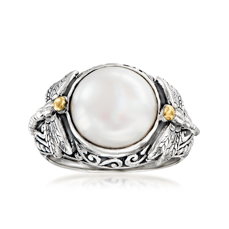 Sterling silver ring with white cultured pearl and gold-toned dragonfly accents