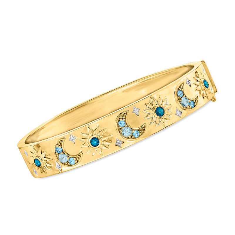 18kt gold over sterling bangle with blue topaz celestial moon and star motifs