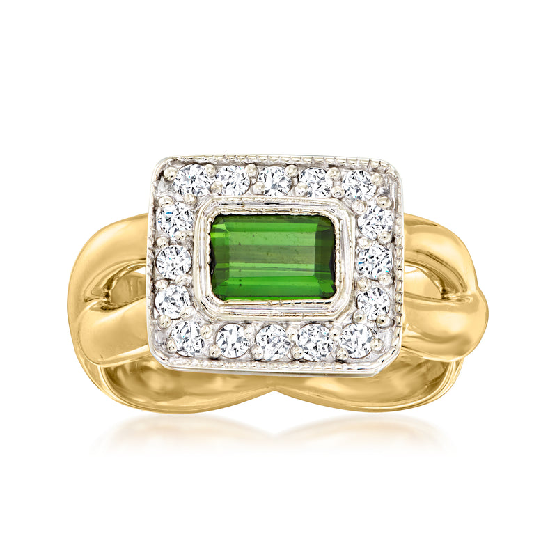 Green square tourmaline ring with diamond halo in yellow gold and white gold setting