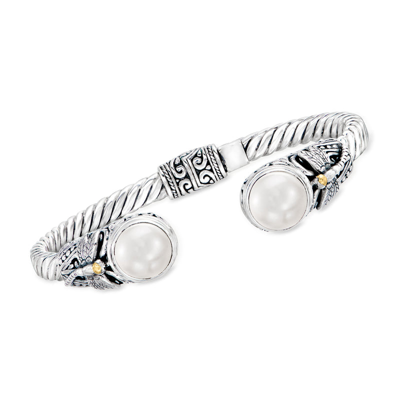 Sterling silver cuff bracelet with two round cultured pearls and engraved dragonfly motifs