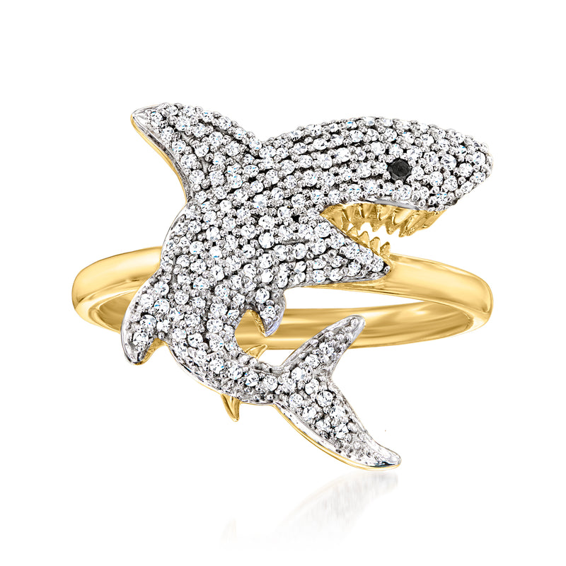 Gold-tone shark diamond ring with white pave stones and a black eye accent