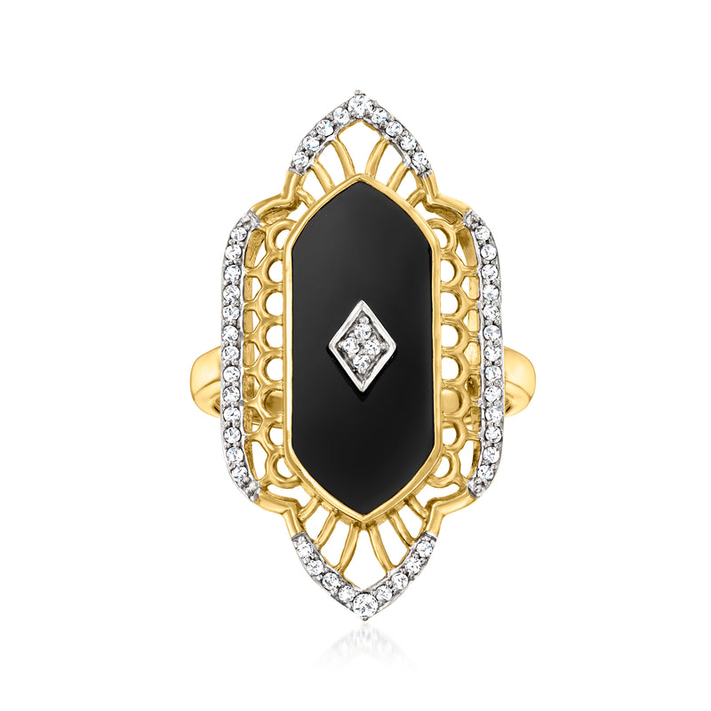 18kt gold over sterling oval black onyx ring with diamond halo and square center stone