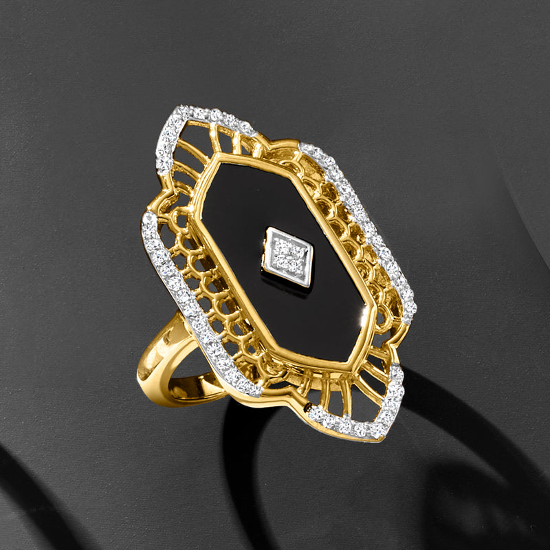 Black onyx ring with white topaz accents in 18kt gold over sterling