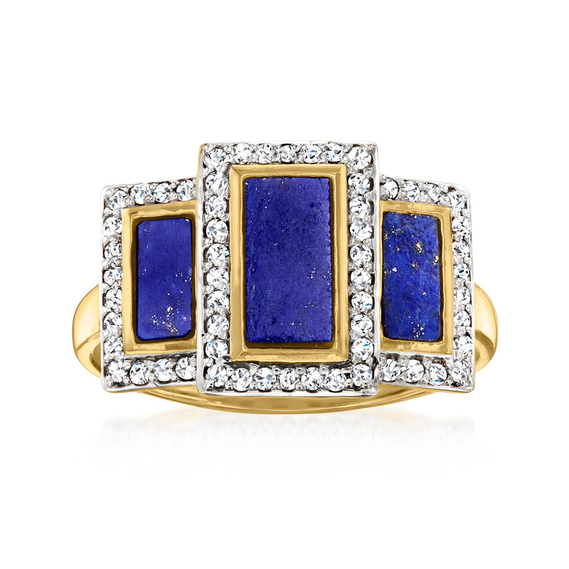 18kt gold over sterling ring with three rectangular blue stones and clear sparkle accents