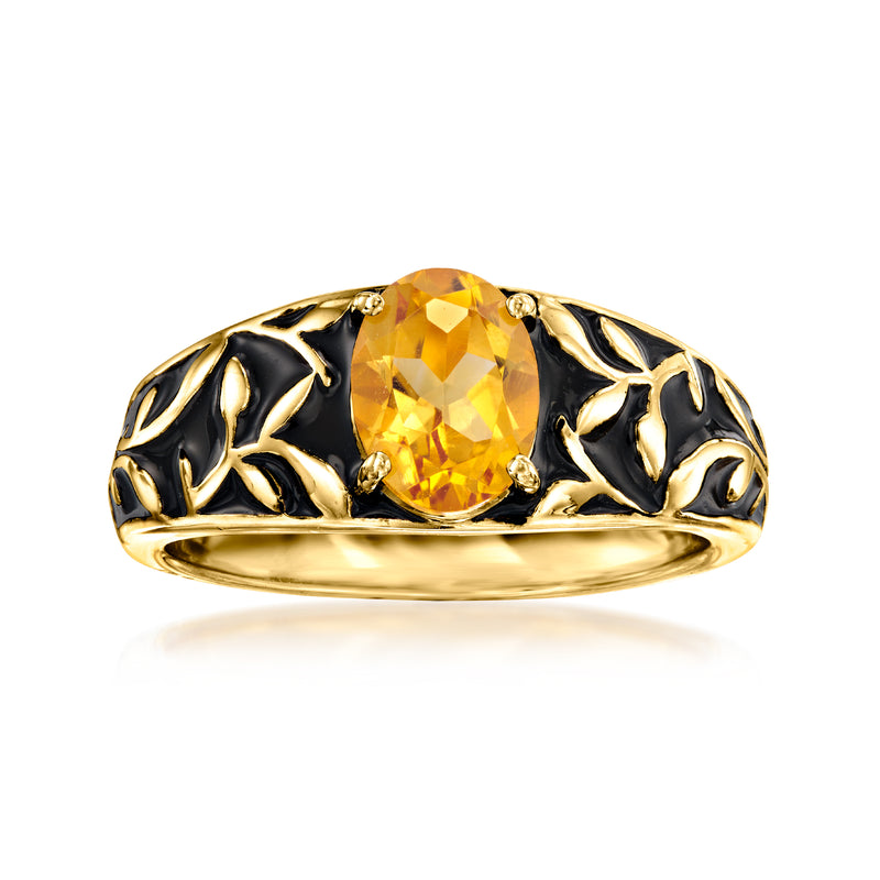 Gold vine ring with oval citrine gemstone and black enamel leaf accents
