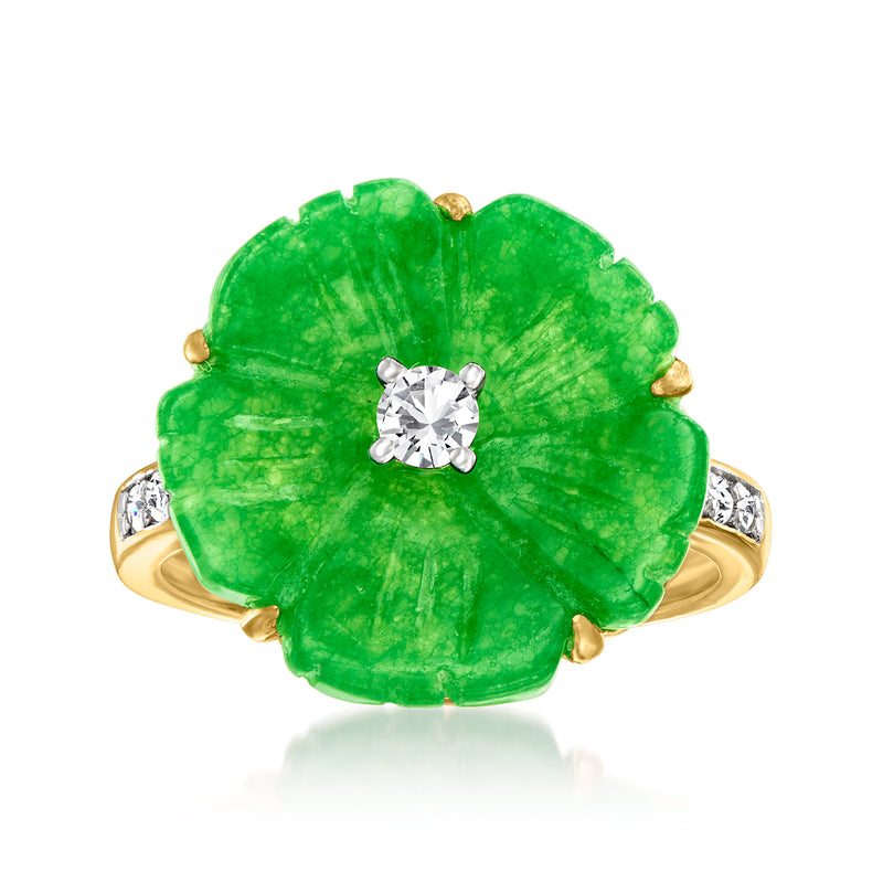 Green jade flower ring with central round white zircon, gold band with small side stones