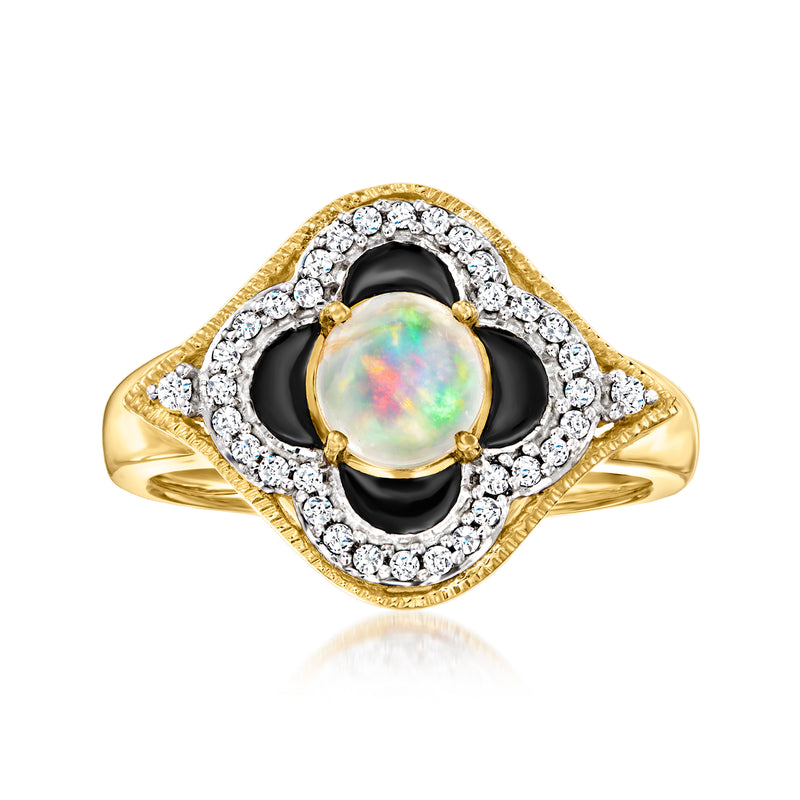 18kt gold over sterling ring with oval opal center, black enamel frame, diamond halo