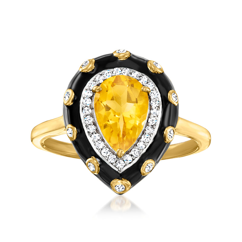 18kt gold over sterling ring with oval yellow citrine, white stone halo, black enamel band