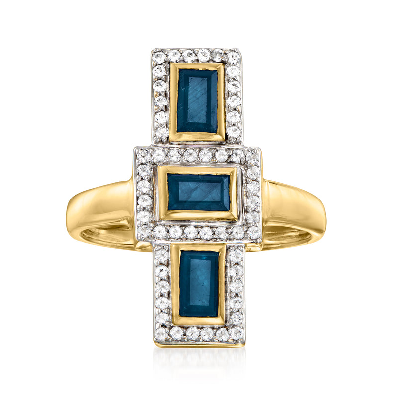 Gold over sterling geometric ring with blue sapphire center stones and white accents