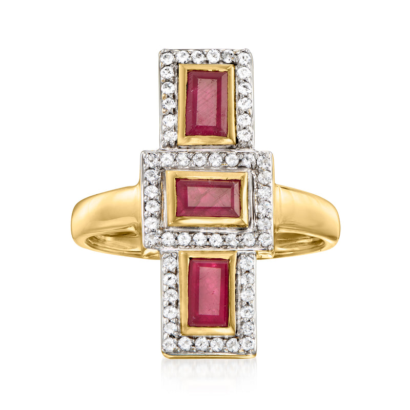 Geometric gold ring with three square ruby-red stones and clear diamond-like borders