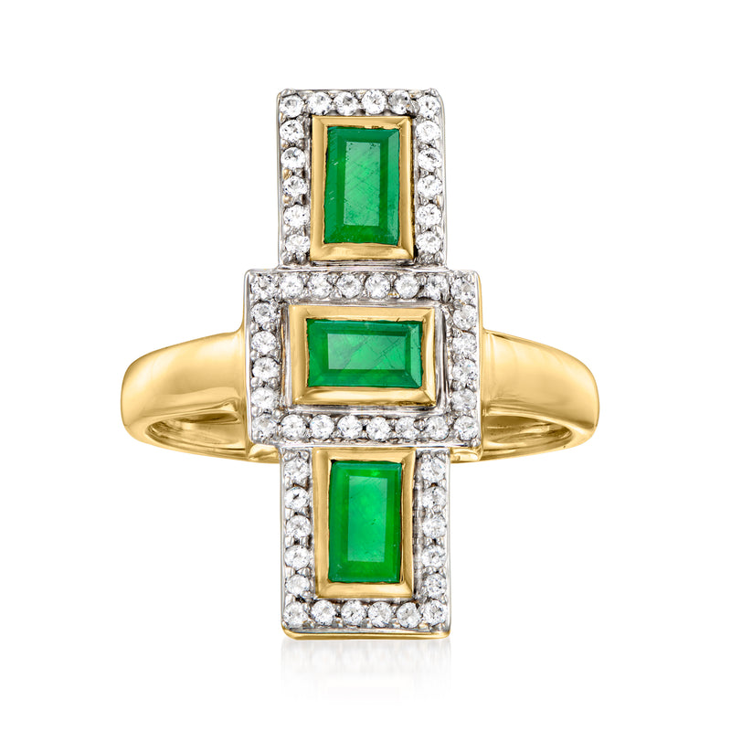 Geometric ring with three emerald-cut green stones and white topaz in gold over sterling