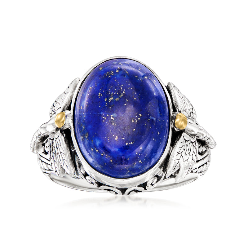 Sterling silver oval lapis-style ring with blue cabochon, yellow gold accents