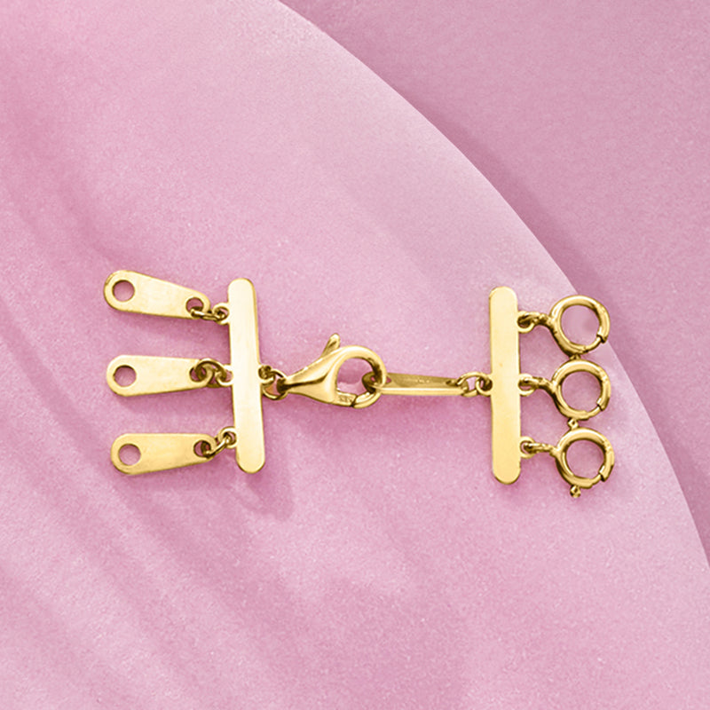 14kt yellow gold layering clasp with open bar ends and three-ring latch