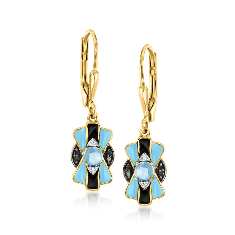 Gold leverback drop earrings with blue enamel flower, black accents, and light blue center stone