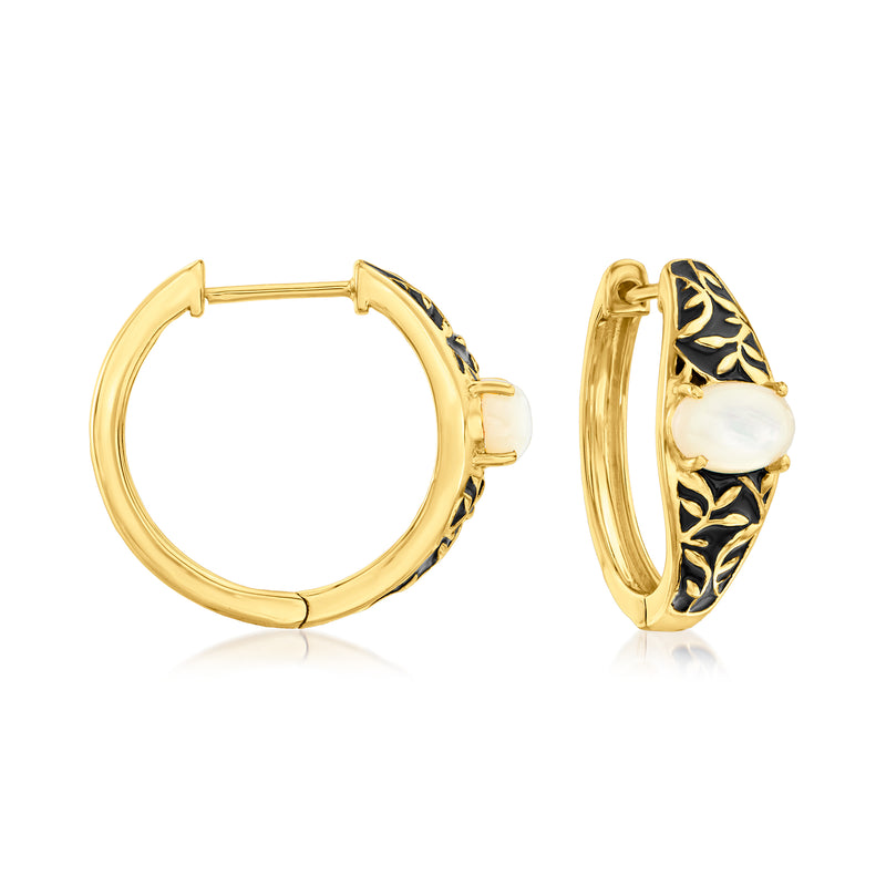 Gold hoop earrings with mother-of-pearl inset and black enamel detail