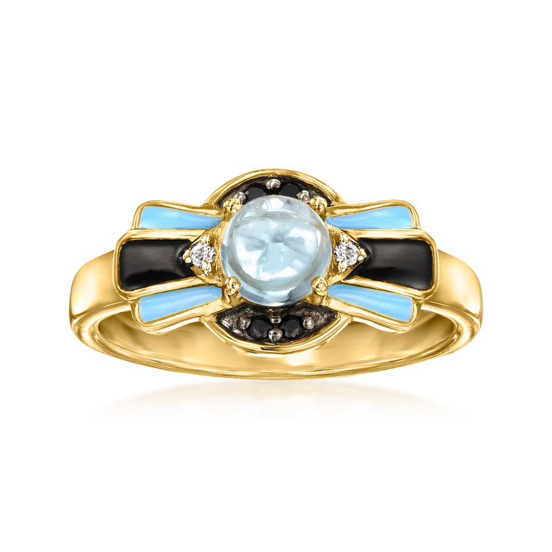 18kt gold over sterling ring with light blue center stone, blue and black enamel