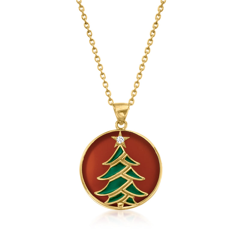 Gold chain pendant necklace with round red enamel Christmas tree and green accents, star