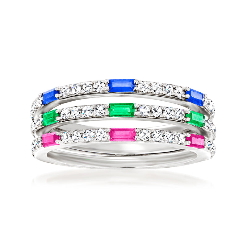 Sterling silver three-ring set with blue, green, and pink baguette stones