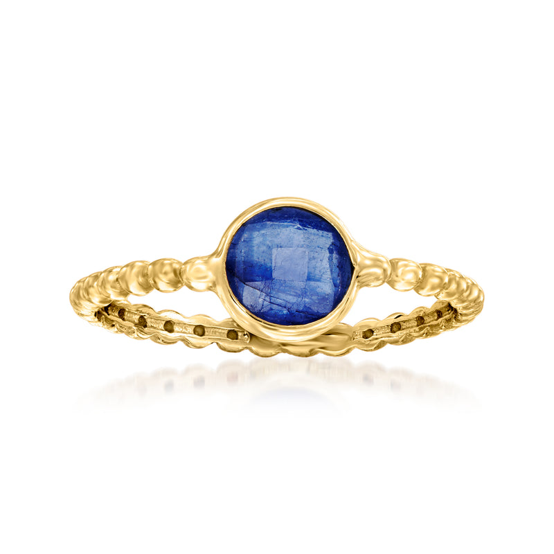 14kt yellow gold beaded ring with oval blue sapphire, bezel-set center