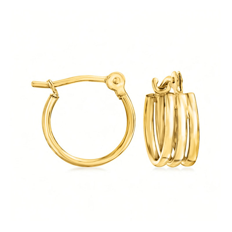 Three-row 14kt yellow gold huggie hoop earrings with hinged clasp, polished.