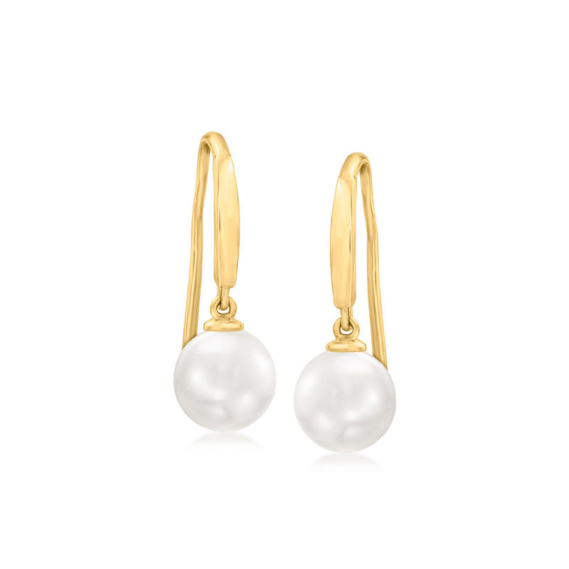 14kt yellow gold cultured pearl drop earrings with round pearls and hooks