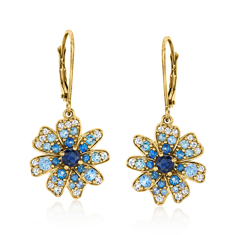 18kt gold over sterling flower drop earrings with blue and clear stones, leverback