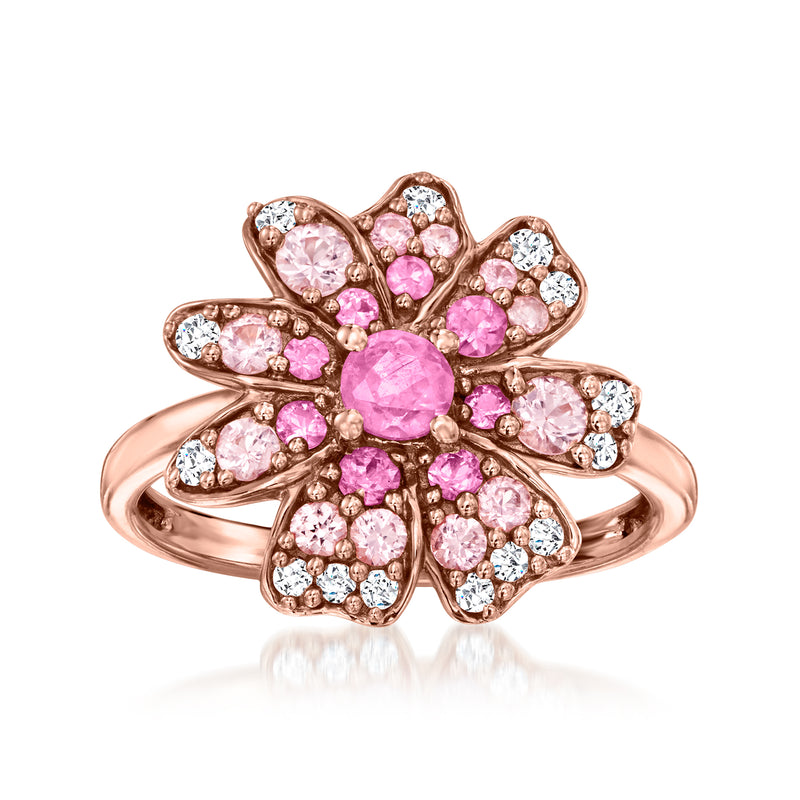 18kt rose gold flower ring with pink center gemstone and clear and pink stones