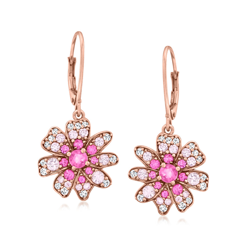 18kt rose gold flower drop earrings with pink center and white stones, leverback