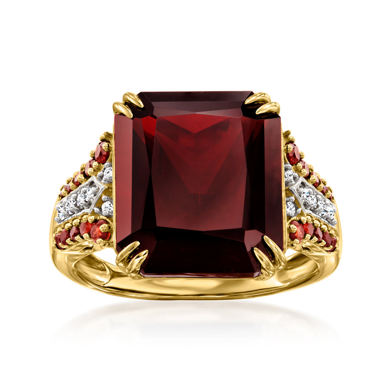 14kt yellow gold ring with square dark red garnet center, diamond and small red stone accents