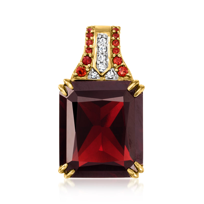 14kt yellow gold garnet and diamond pendant with red gemstones around the top bezel