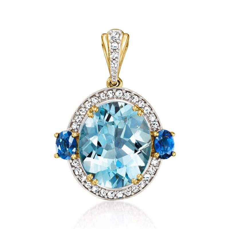14kt yellow gold pendant with oval aquamarine, sapphire side stones, diamond halo