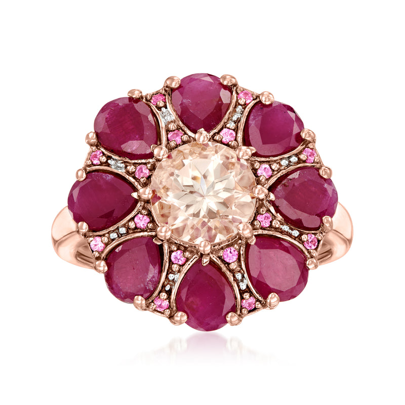 Rose gold-tone multi-gemstone ring with large oval pink stones and a central round crystal