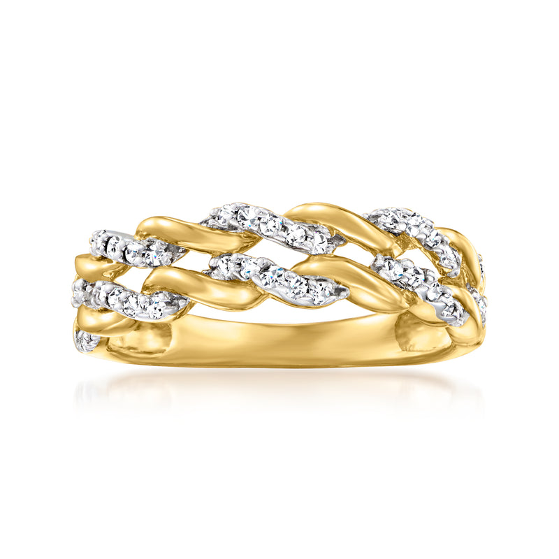 Twisted-link diamond ring with gold and clear stones, shiny twisted bands