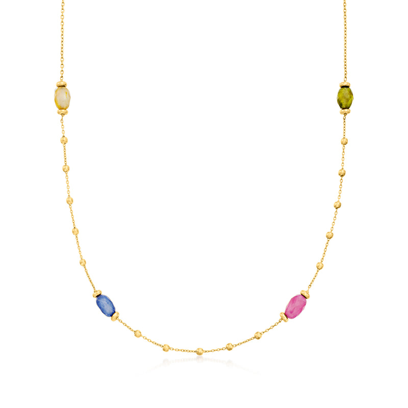 14kt yellow gold station necklace with multicolor oval sapphire and ruby accents