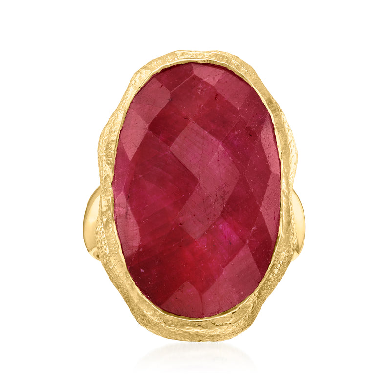 Oval ruby gemstone ring, textured 18kt gold over sterling band