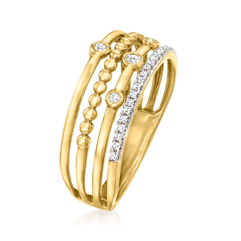 Yellow gold multi-row diamond bezel ring, side view with round stones