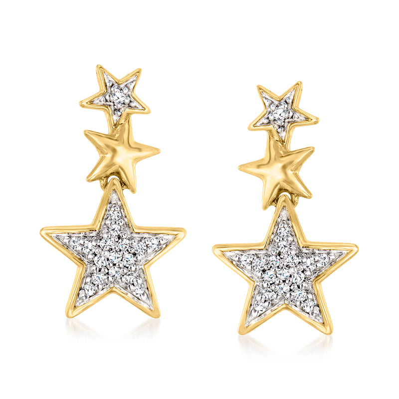 14kt yellow gold star drop earrings with diamond-like accents in a three-star design