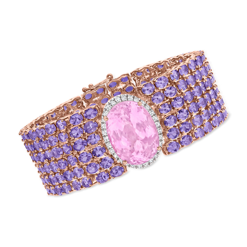 Rose gold kunzite bracelet with pink oval center stone and rows of purple tanzanites