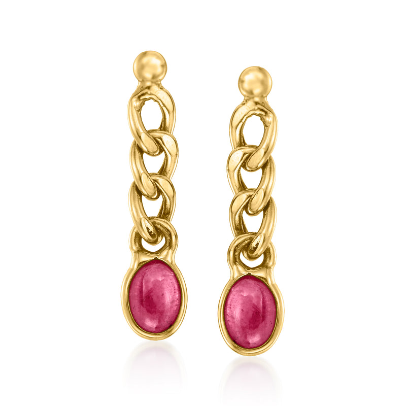 Yellow gold drop earrings with curb-link chain and oval pink ruby cabochon