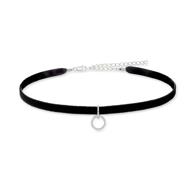 Sterling silver diamond circle pendant choker on black velvet cord