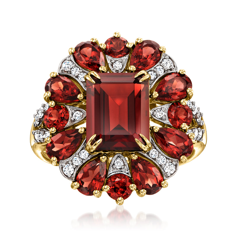 14kt yellow gold ring with rectangular garnet center, surrounded by red marquise and diamond accents