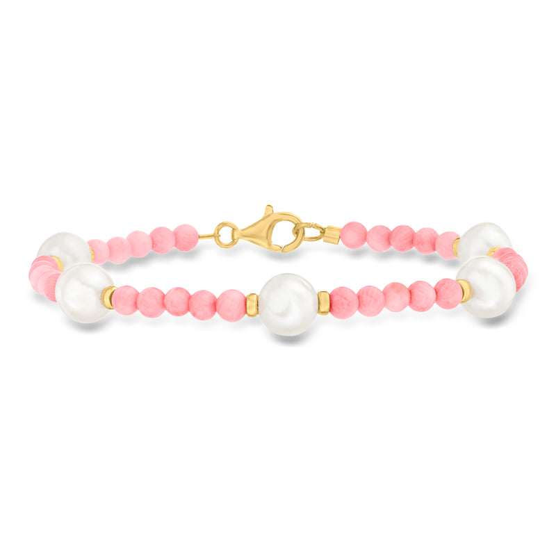 Cultured pearl and pink coral beaded bracelet with gold clasp, 18kt gold over sterling