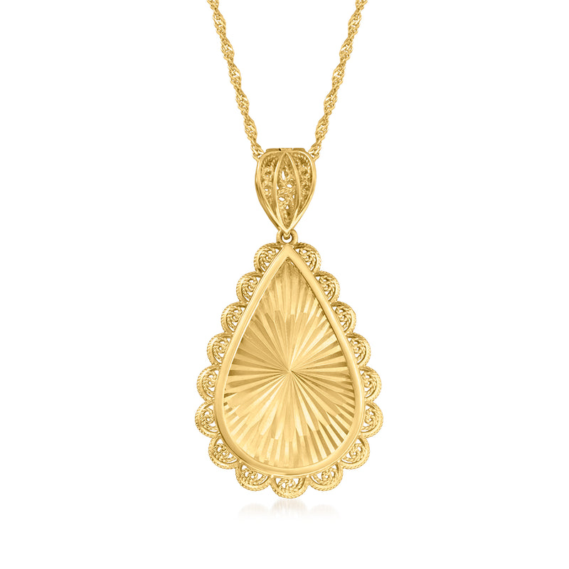 Gold over sterling filigree teardrop pendant necklace with sunburst center and bail