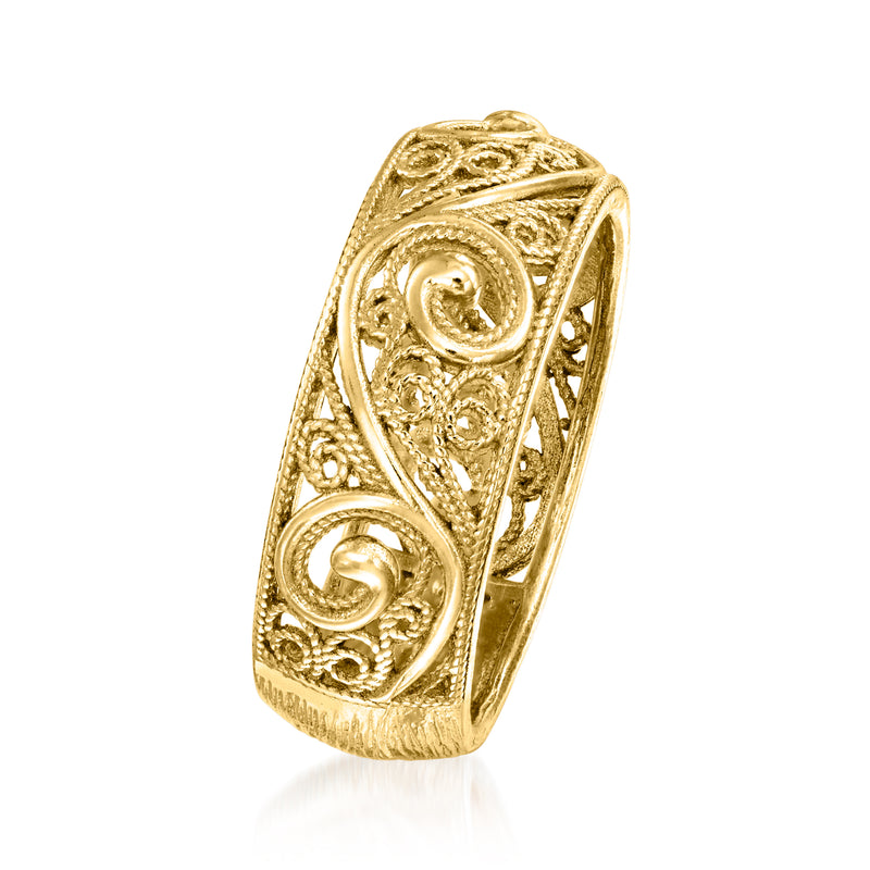 Gold over sterling ring side view, filigree scrollwork details